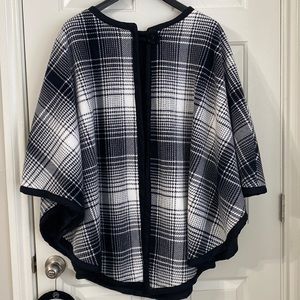 Plaid fleece cape/poncho with single rose button/clasp at neckline - 36” long
